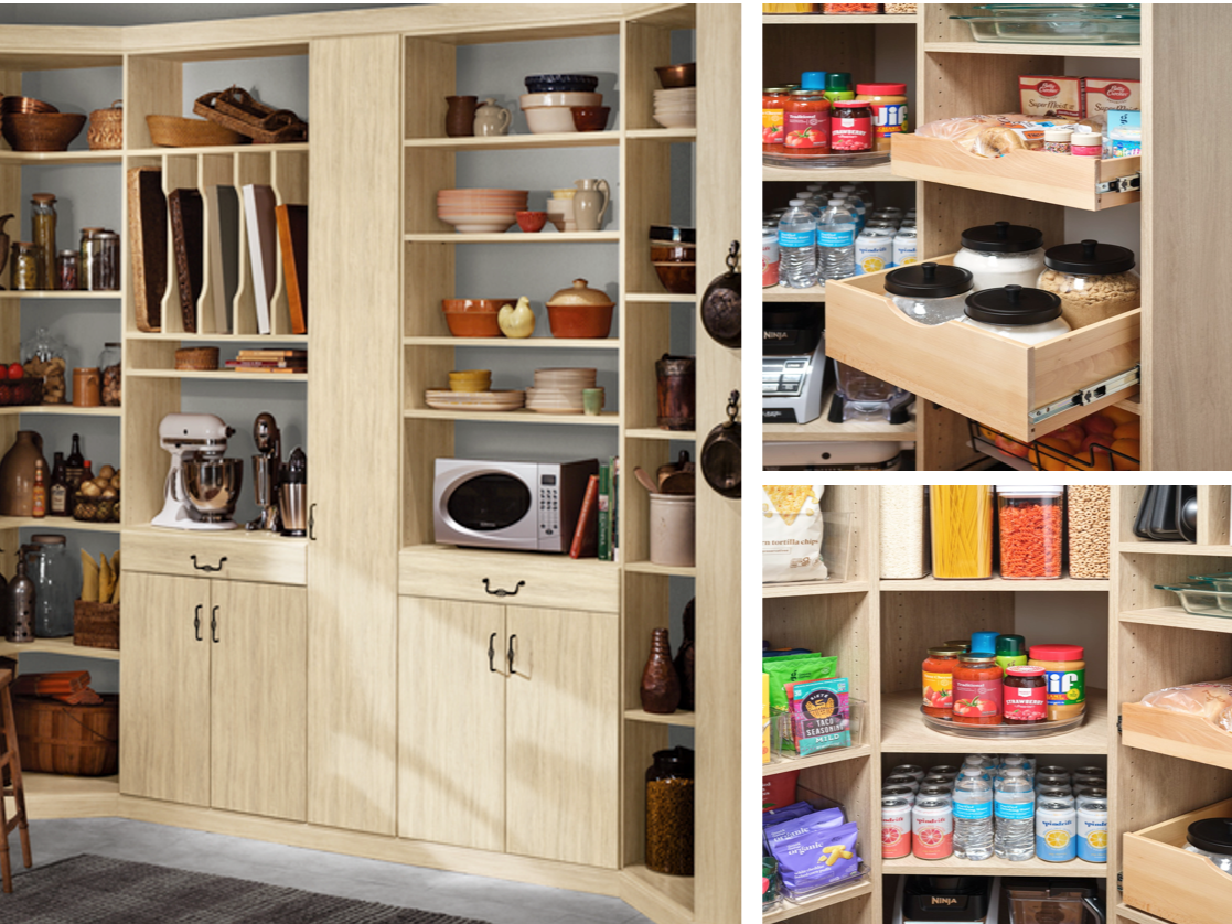 A kitchen pantry with open wooden shelves filled with various jars, bottles, bowls, and food items, including water bottles, spices, snacks, and kitchen appliances like a microwave and stand mixer.