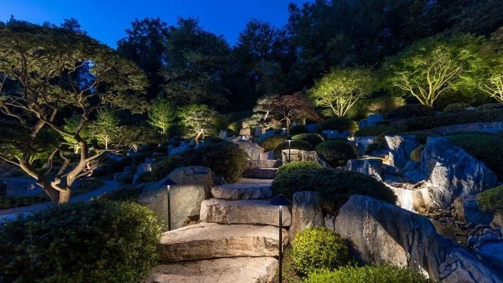 Nighttime view of a landscaped garden with stone steps, trees, bushes, and pathway lights