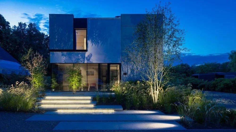 Modern house at night with illuminated steps leading to the entrance, surrounded by plants and trees.