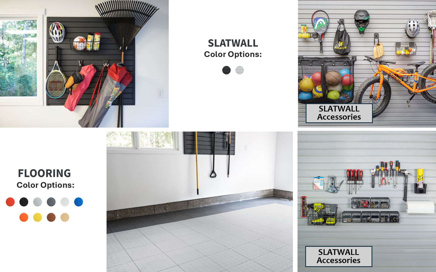 Image showing various garage organization options. The top left shows a black slatwall panel with hooks holding sports equipment and a rake, in a room with a window. The top right depicts a gray slatwall panel with hooks holding helmets, a bicycle, a