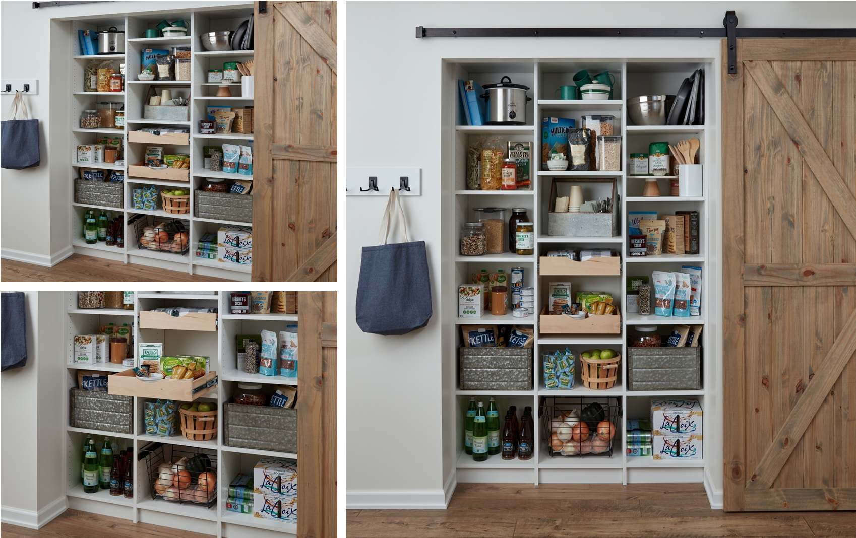 Pantry with white shelving filled with food and kitchen items, and a sliding wooden barn door.