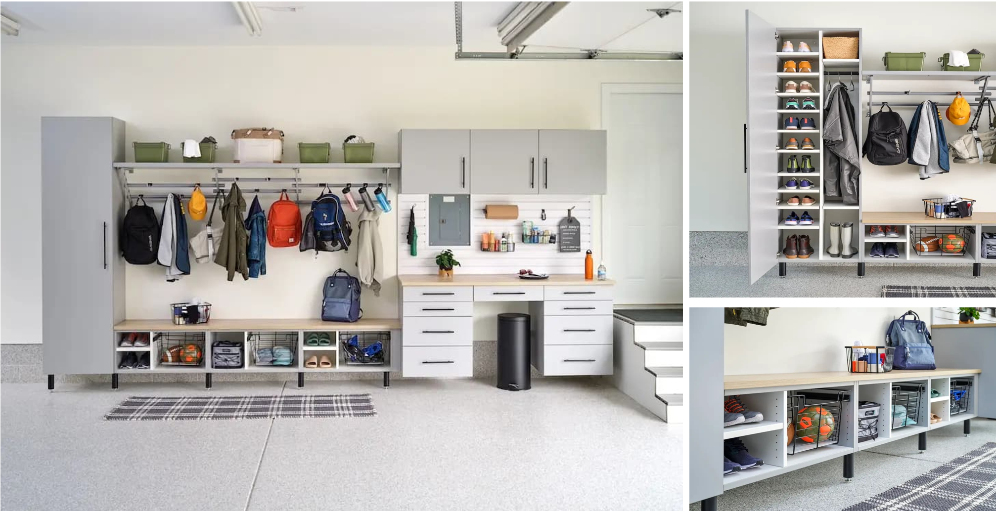 A garage organization system with storage cabinets, hooks, and cubbies holding shoes, bags, sports equipment, and daily essentials.