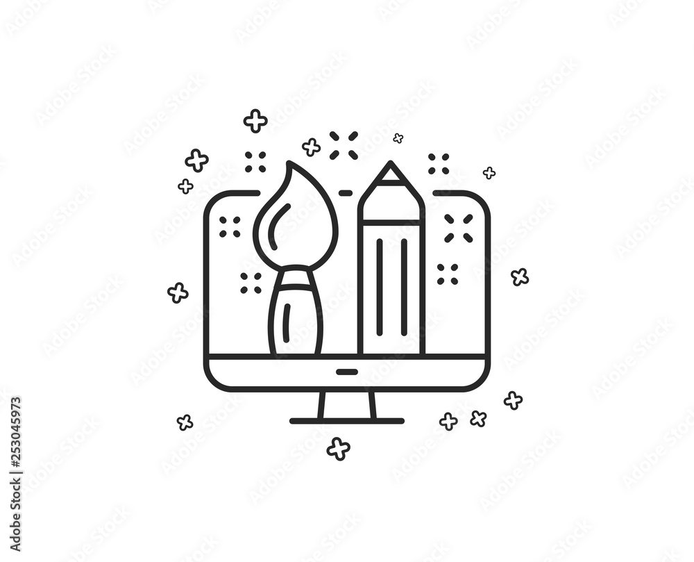 Line drawing of a computer monitor with a paintbrush and a pencil inside the screen, surrounded by small decorative plus signs.