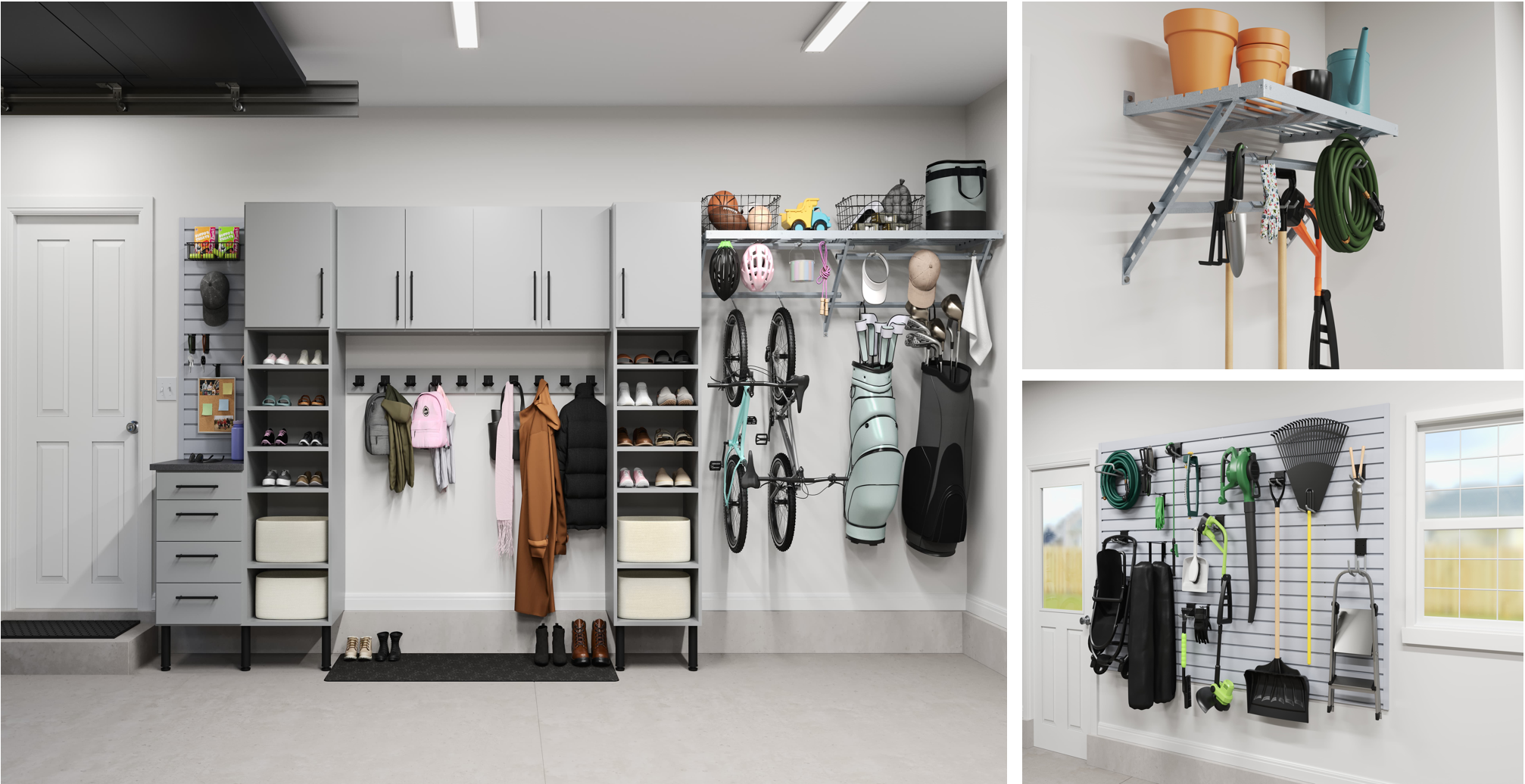 Organized garage with shelves, hooks, and storage for sports, gardening, and outdoor equipment, including bicycles, helmets, shoes, tools, and gardening supplies.