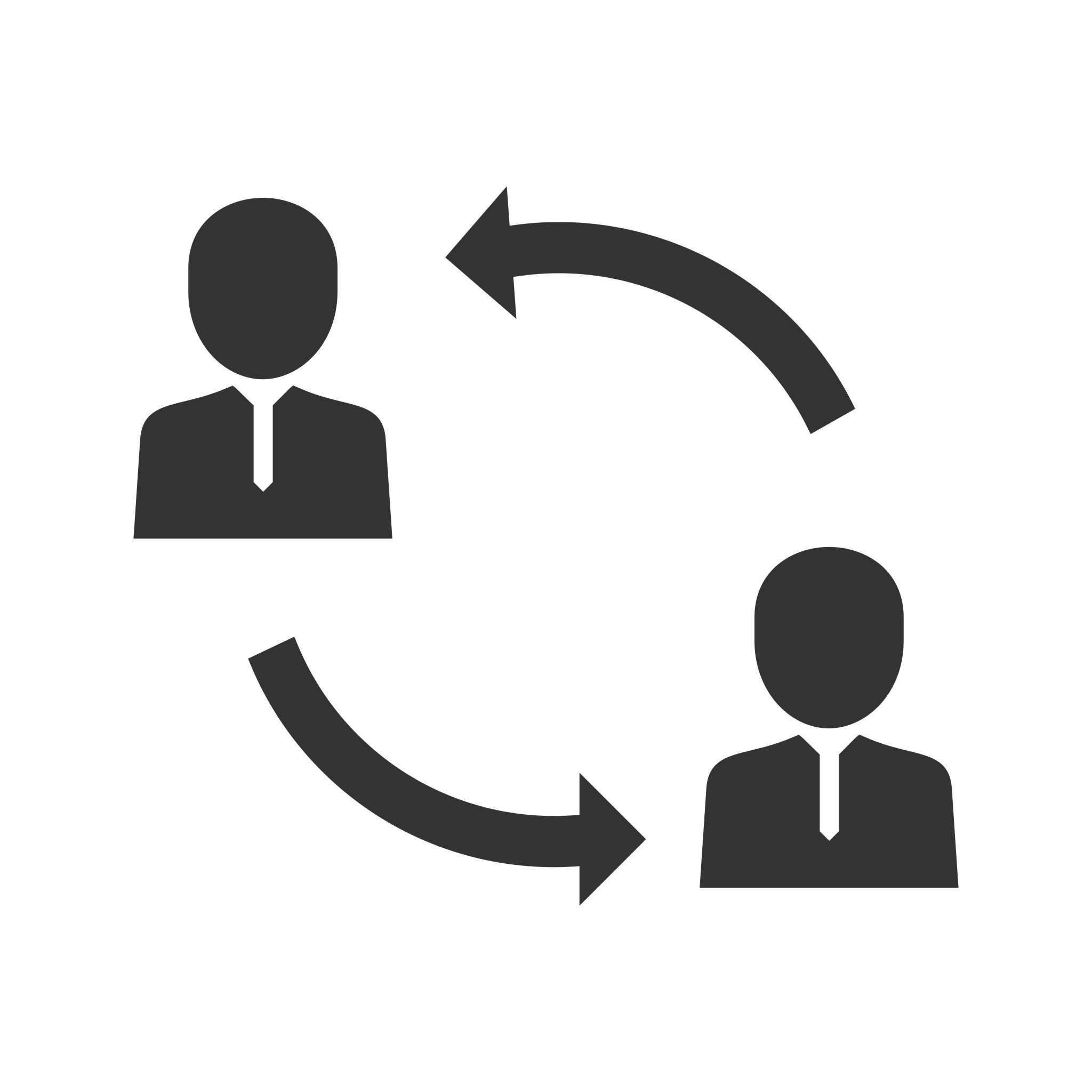 Two black silhouettes of business people with arrows connecting them indicating a transfer or exchange.