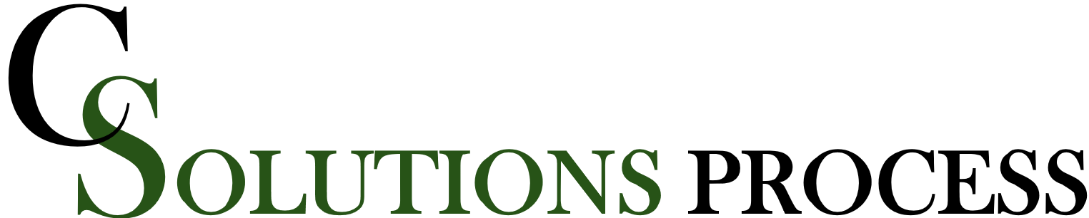 Graphic with the words 'Solutions Process,' with some letters in large font and stylized, in black and green colors.