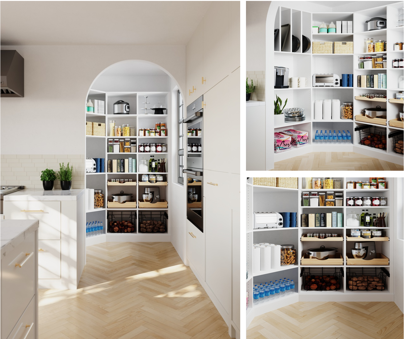 Kitchen pantry with white shelves containing food jars, bottles, boxes, and kitchen appliances in a modern kitchen with light wood flooring.