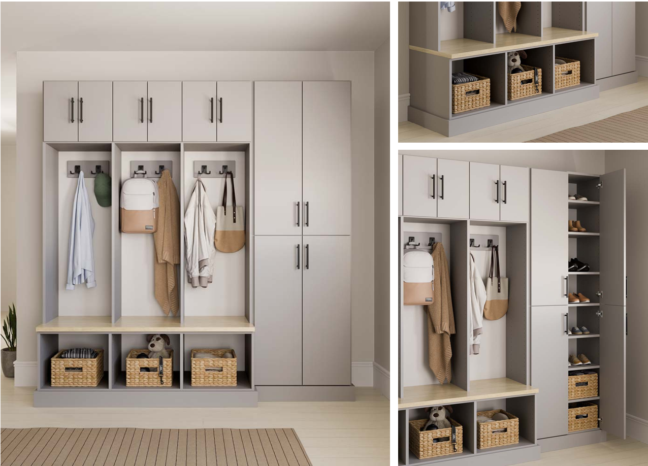 A modern organized mudroom with built-in storage, hooks for hanging items, and baskets for shoes and accessories.