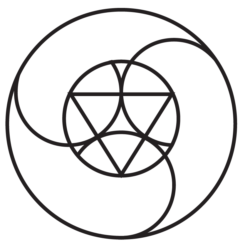 Psychedelic integration coaching represented by a triangle with three circles touching within it, and a larger circle encompassing them. Showing the complexities and unique path each person takes.