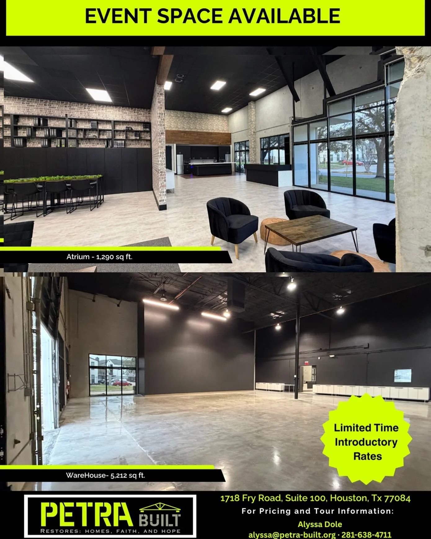 ✨ EVENT SPACE AVAILABLE ✨

Looking for the perfect space for your next event?
The PETRA Built Event Space is now available with limited‑time introductory rates!

✔️ Bright, modern Atrium &ndash; 1,290 sq. ft.
✔️ Spacious Warehouse &ndash; 5,212 sq. f