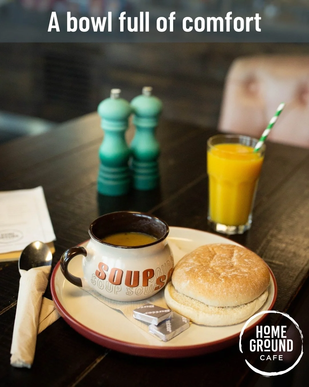 Grey skies outside? We've got just the thing.

Our soup is the perfect pick-me-up for a gloomy day, freshly prepared and packed with flavour.

So if you're looking for a little warmth, pop into HomeGround, get comfortable, and enjoy a bowl of comfort