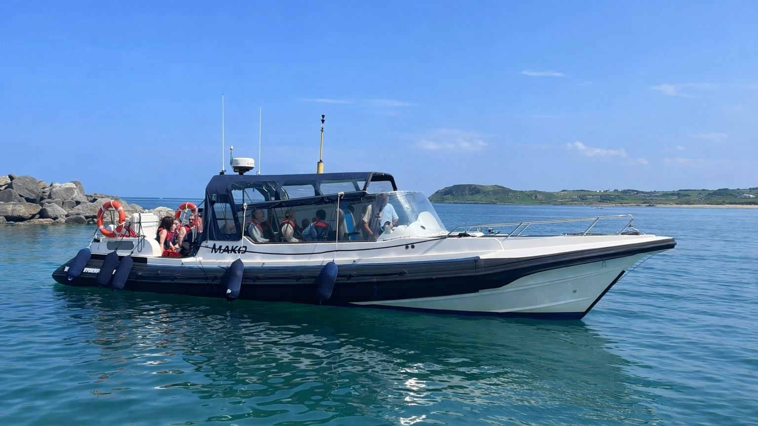 A motorboat with several people on board, some wearing life jackets, on calm ocean water near a rocky shoreline on a sunny day.