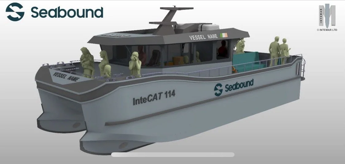 A digital rendering of a Seabound catamaran ferry boat with people on board.