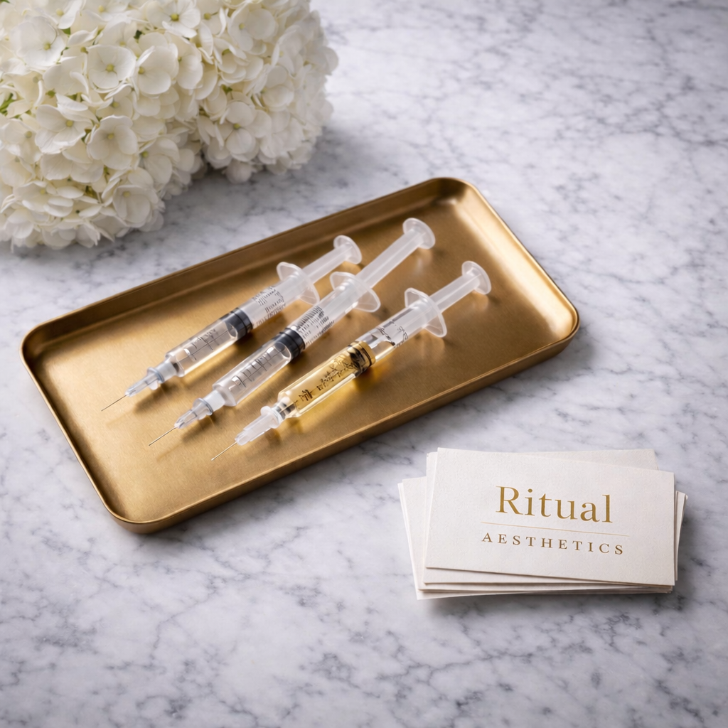 Three syringes with liquid are placed on a gold tray on a marble surface, with a bunch of white flowers in the background and a stack of cards labeled 'Ritual Aesthetics' nearby. Ritual Aesthetics | Med Spa in Santa Cruz CA