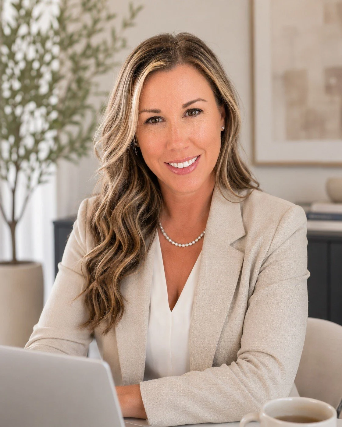 A woman (Melissa Anderson, founder) with long wavy hair wearing a beige blazer and necklace, smiling while sitting at a desk with a laptop in a well-lit office.