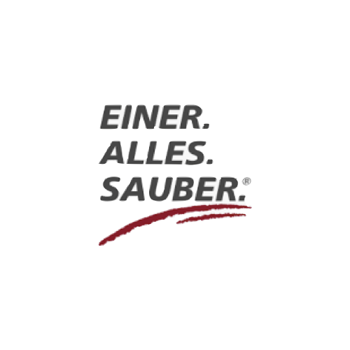 Slogan mit deutschen Worten: "Einer, Alles, Sauber" auf weißem Hintergrund, mit rotem Pinselstrich darunter.