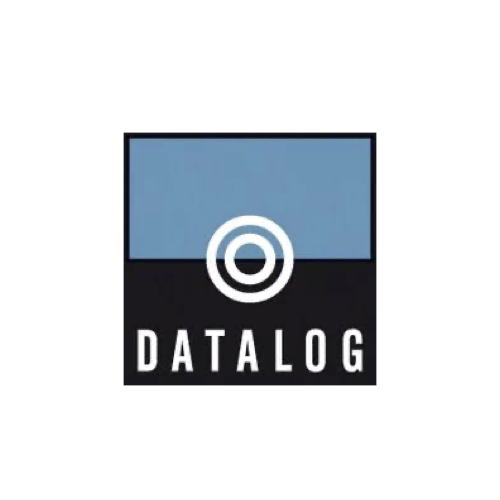 Ein Logo mit dem Text 'DATALOG', bestehend aus einem blauen oberen Bereich, einem schwarzen unteren Bereich und einem weißen Kreis in der Mitte.