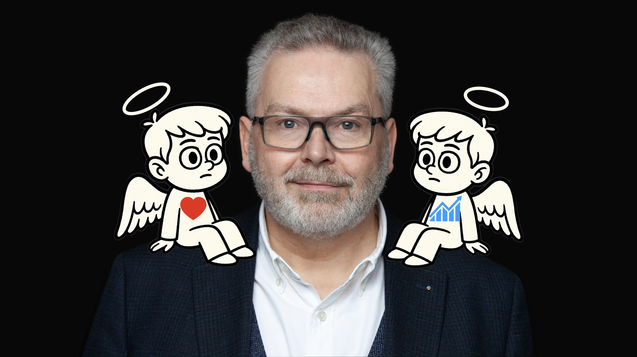 Ein Mann mit grauhaarigem Bart, Brille und dunklem Anzug, vor schwarzem Hintergrund, zwei Comic-Engel mit Heiligenschein, eines mit Herz, das andere mit Wachstumsdiagramm, auf Schultern sitzend.