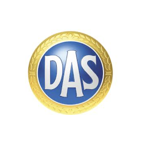 Logo des DAS-Versicherung mit blauer Mitte, goldener Rand und weißen Buchstaben 'DAS'