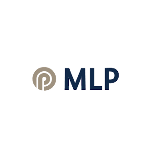Logo mit dem Text 'MLP' und einem stilisierten Symbol in Grau und Blau.