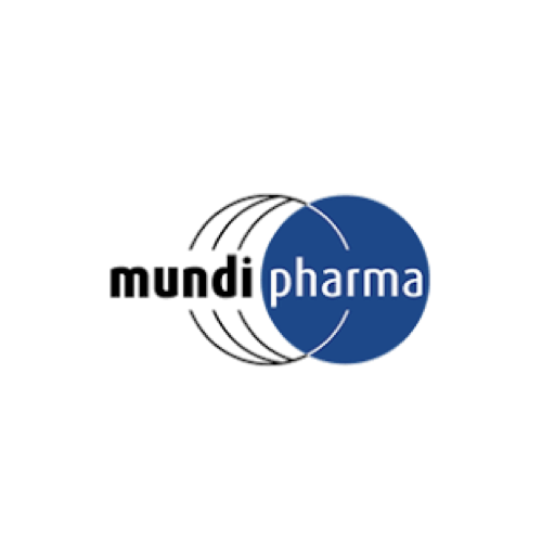 Logo von mundi pharma mit schwarzem und blauem Design und kreisförmigen Elementen