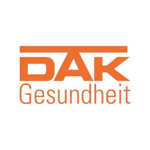 Logo mit der Aufschrift "DAK Gesundheit" in orange Schrift auf weißem Hintergrund.