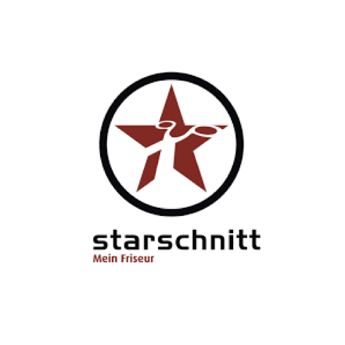 Logo Friseur-Franchise "Starschnitt" mit einem roten Stern und Haarschere, darunter der Name in Schwarz und die Tagline "Mein Friseur" in Rot.