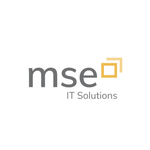 Logo von mse IT Solutions mit zwei überlappenden quadratischen Linien in gelb und Text darunter.