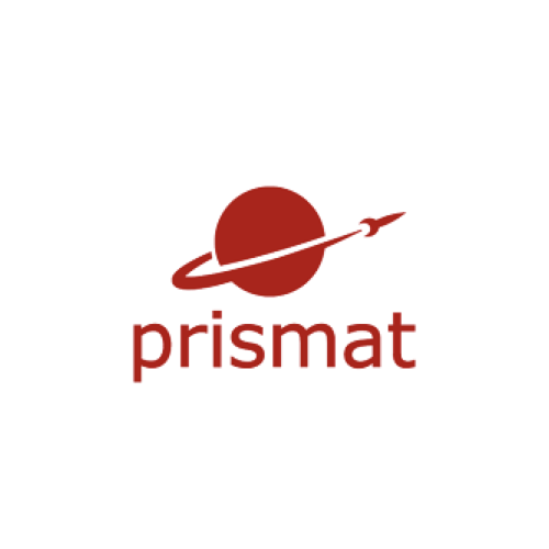 Das Logo der Firma Prismat mit rotem Planeten und einem Pfeil umkreist.