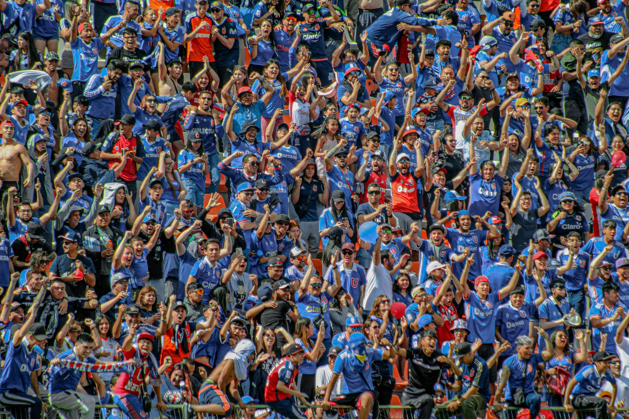 Crowd of sports fans wearing blue jerseys, celebrating and cheering at a stadium.