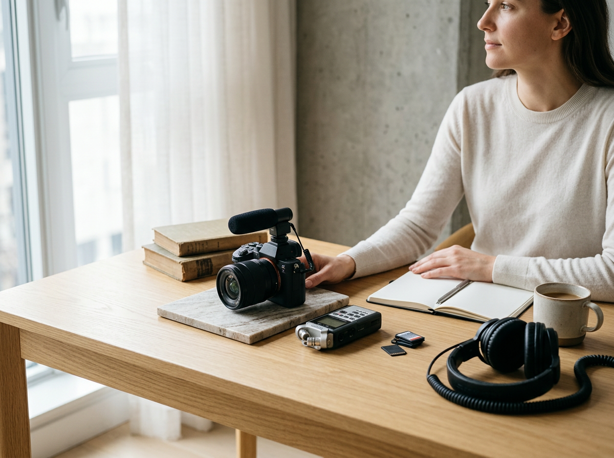 A woman sitting at a wooden desk with a camera, microphone, headphones, notebook, pen, coffee mug, and memory cards, near a window with sheer curtains.