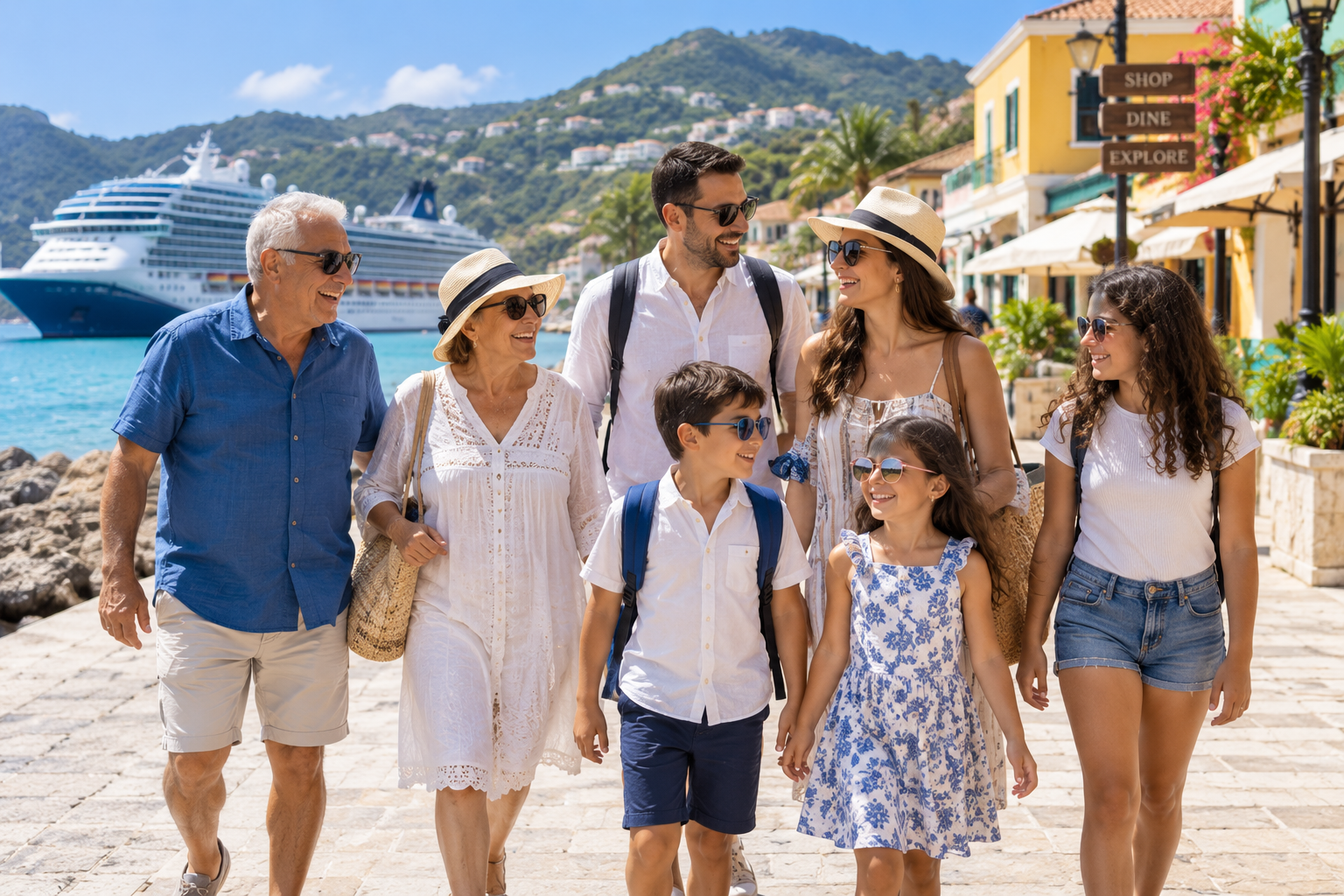 Family of nine tourists walking along a sunny waterfront promenade with a cruise ship in the background, colorful buildings, and lush hills.