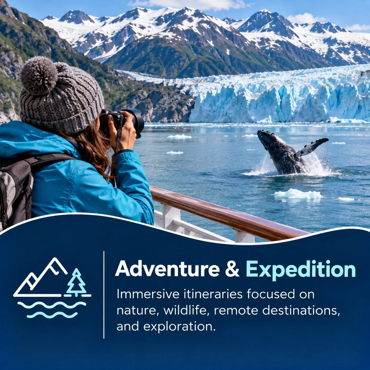 A person with a backpack and gray knit hat taking a photograph of a whale breaching water near a glacier with snow-capped mountains in the background.