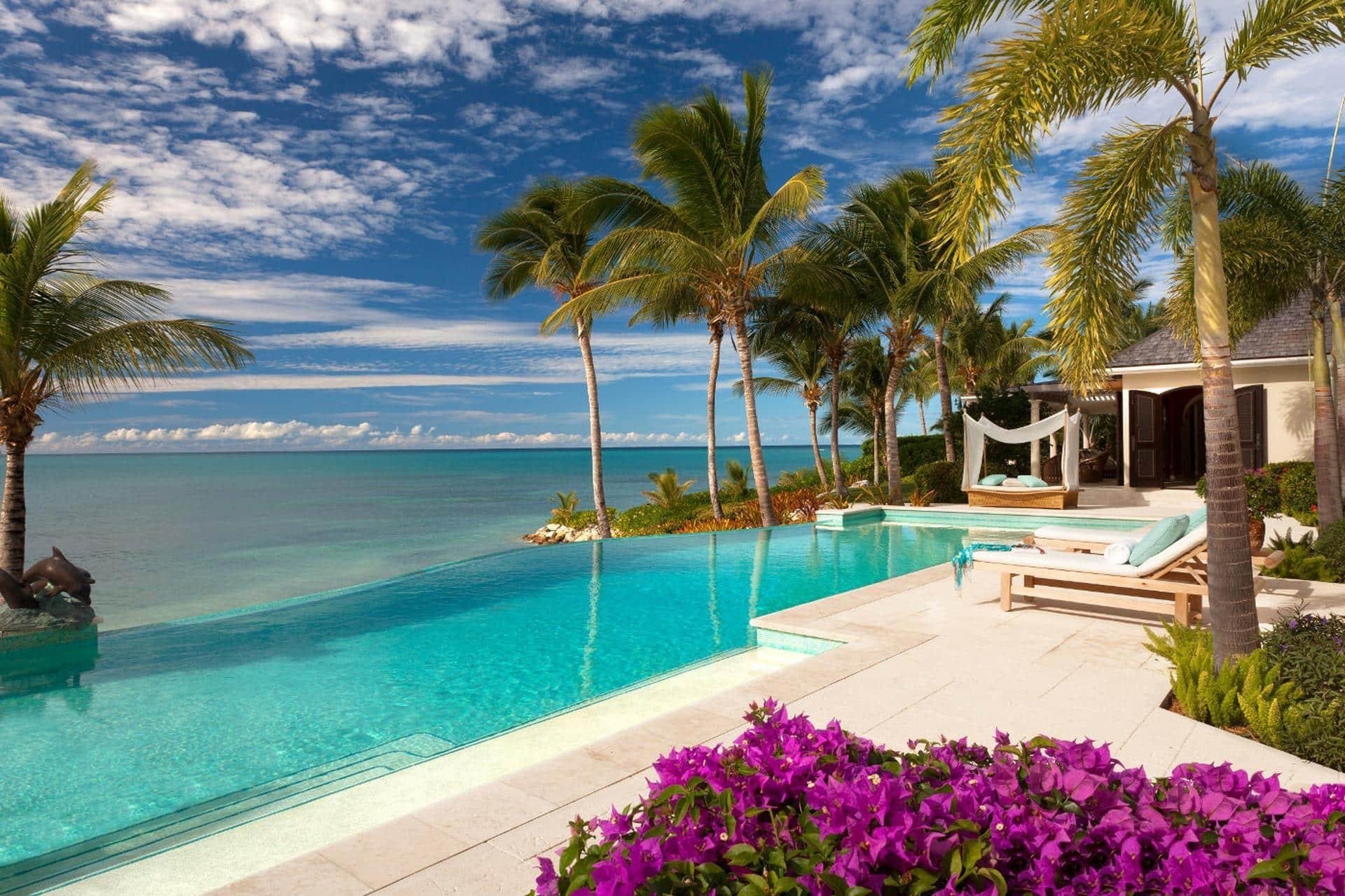 Poolside view showing outdoor swimming pool with clear water, surrounded by a patio with lounge chairs, palm trees, and a cabana with curtains, overlooking the ocean under a partly cloudy sky.
