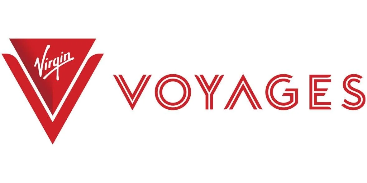 Virgin Voyages logo with red triangular emblem and the word "Voyages" in stylized red font.