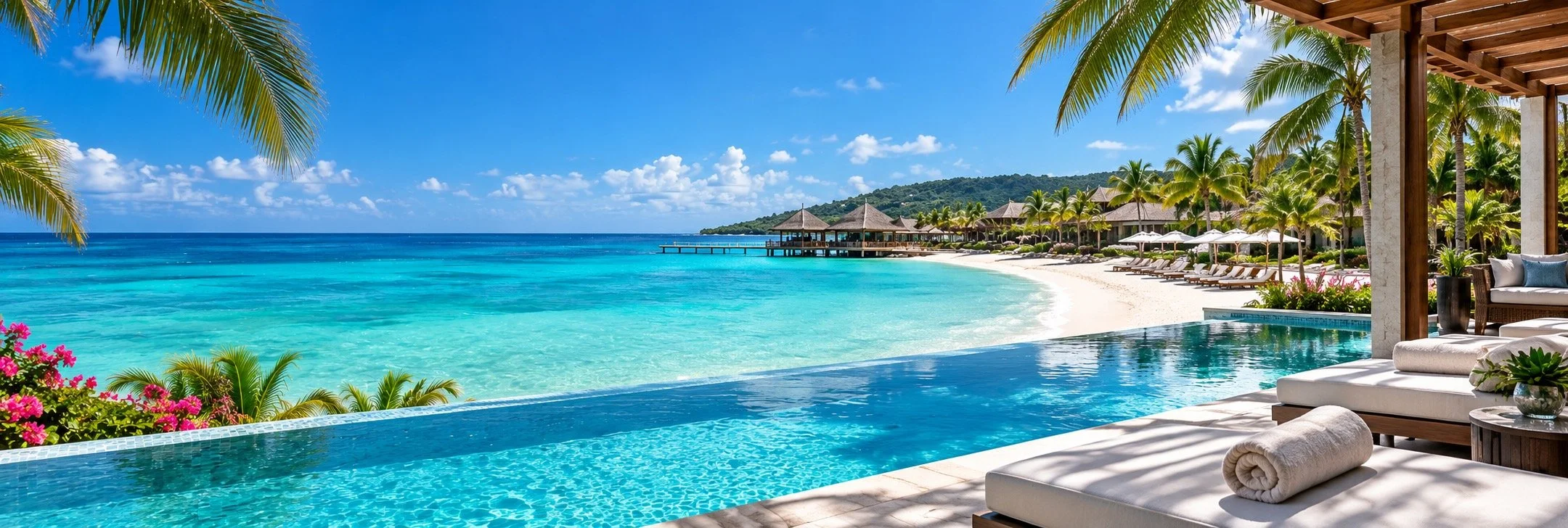 Beach resort with an infinity pool overlooking the ocean, with palm trees, beach chairs, umbrellas, and overwater bavilions under a blue sky with scattered clouds.