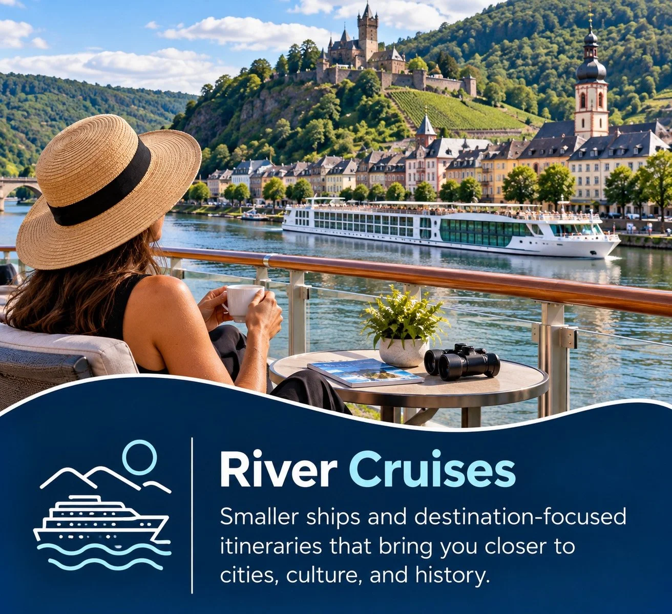 A woman wearing a straw hat and black dress sitting on a boat deck, holding a cup, with a picturesque European town, castle on a hill, and a river cruise ship in the background.