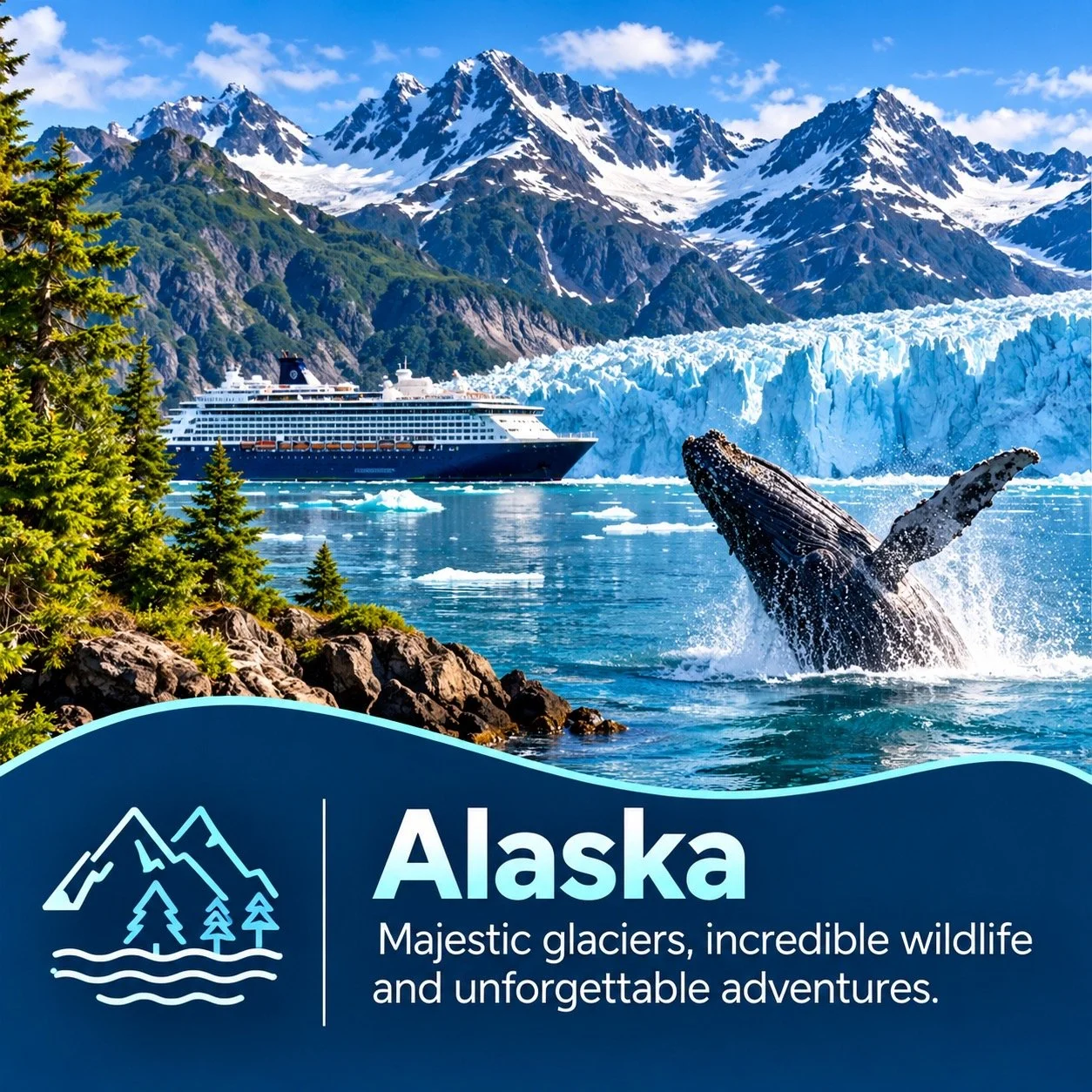 A scenic view of Alaska featuring a large cruise ship sailing past a massive glacier with snow-capped mountains in the background. A whale is breaching the water nearby, surrounded by lush green trees and rocky shoreline.