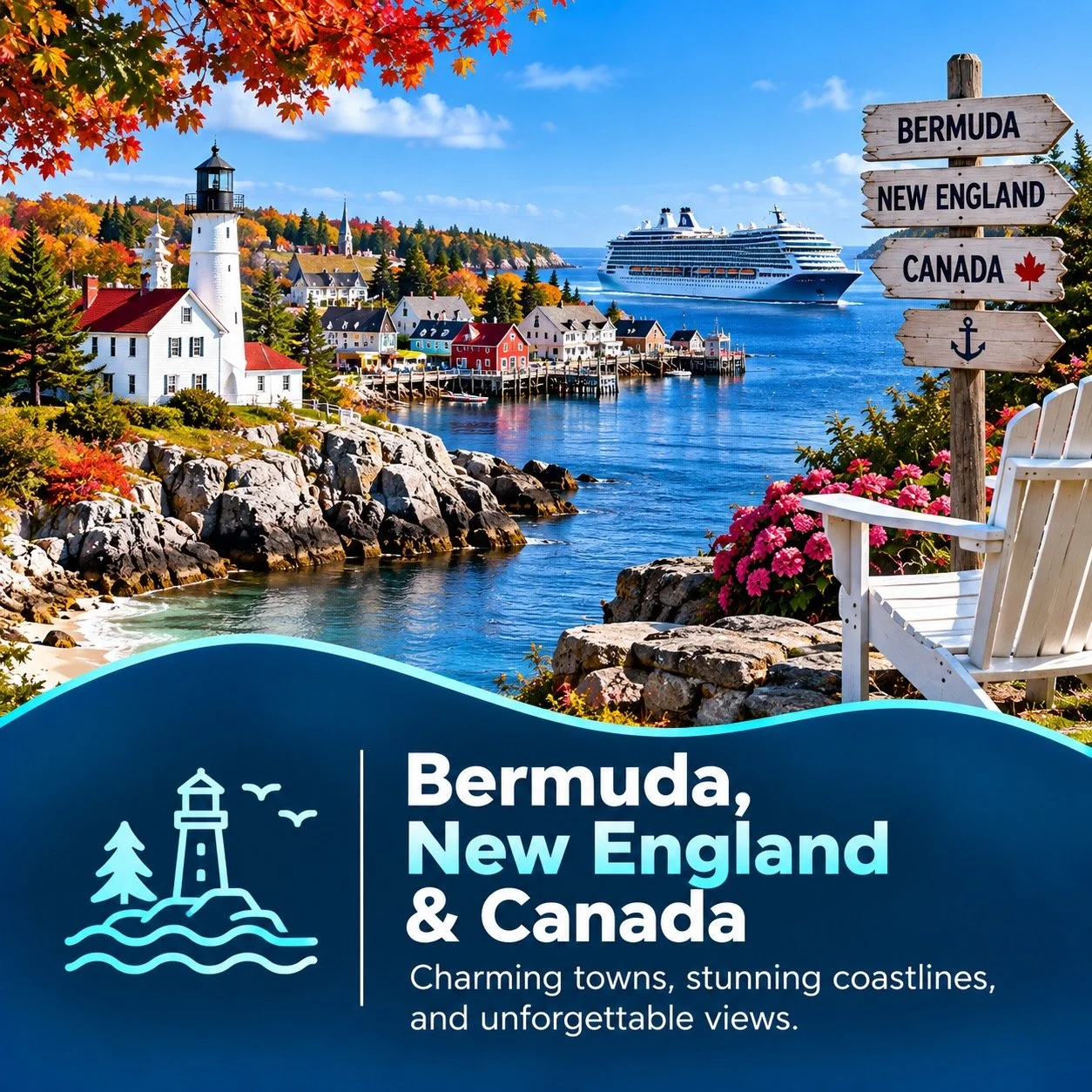 A scenic coastal town with colorful houses, a lighthouse, trees with autumn foliage, and a large cruise ship on the water. Signpost points to Bermuda, New England, Canada, and an anchor. There is a white bench and pink flowers in the foreground. The overlay text reads "Bermuda, New England & Canada" with a tagline about charming towns, stunning coastlines, and unforgettable views.