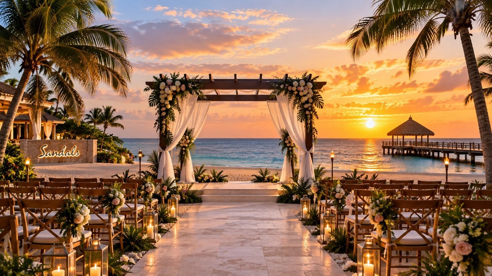 A beach wedding setup at sunset with a wooden arch decorated with white flowers and sheer fabric, surrounded by chairs with floral arrangements and candles, overlooking the ocean with a pier and gazebo, palm trees, and a sign that reads 'Sandals'.