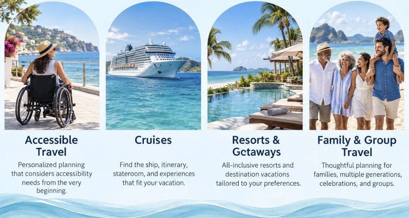 A travel advertisement featuring four sections: a woman in a wheelchair enjoying a waterfront view, a cruise ship at sea, an poolside scene at a resort with palm trees, and a family walking on the beach with mountains in the background.