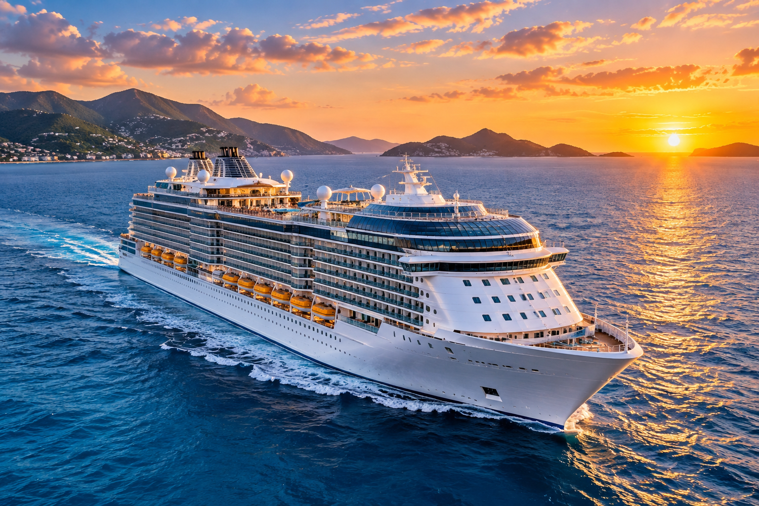 Luxury cruise ship sailing on the ocean at sunset with mountains and a sunset sky in the background.