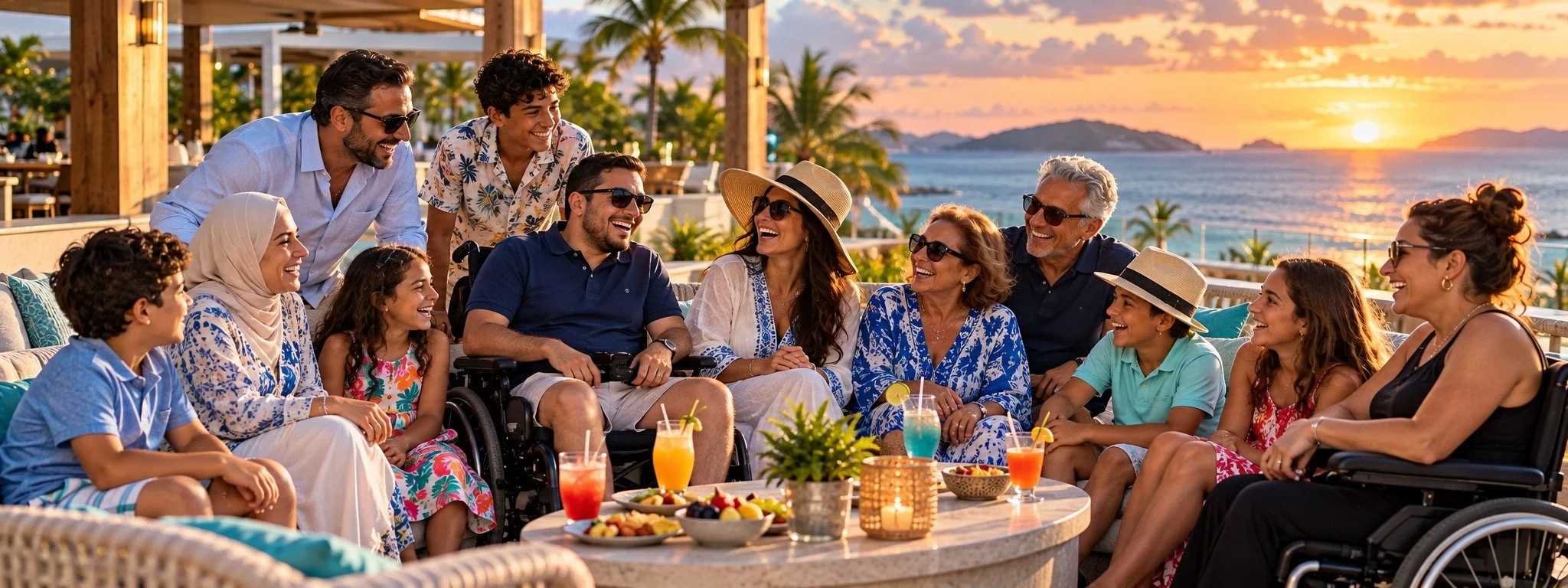 A diverse group of people enjoying a sunset outdoor gathering by the water, sitting around a table with drinks and snacks, smiling and talking.