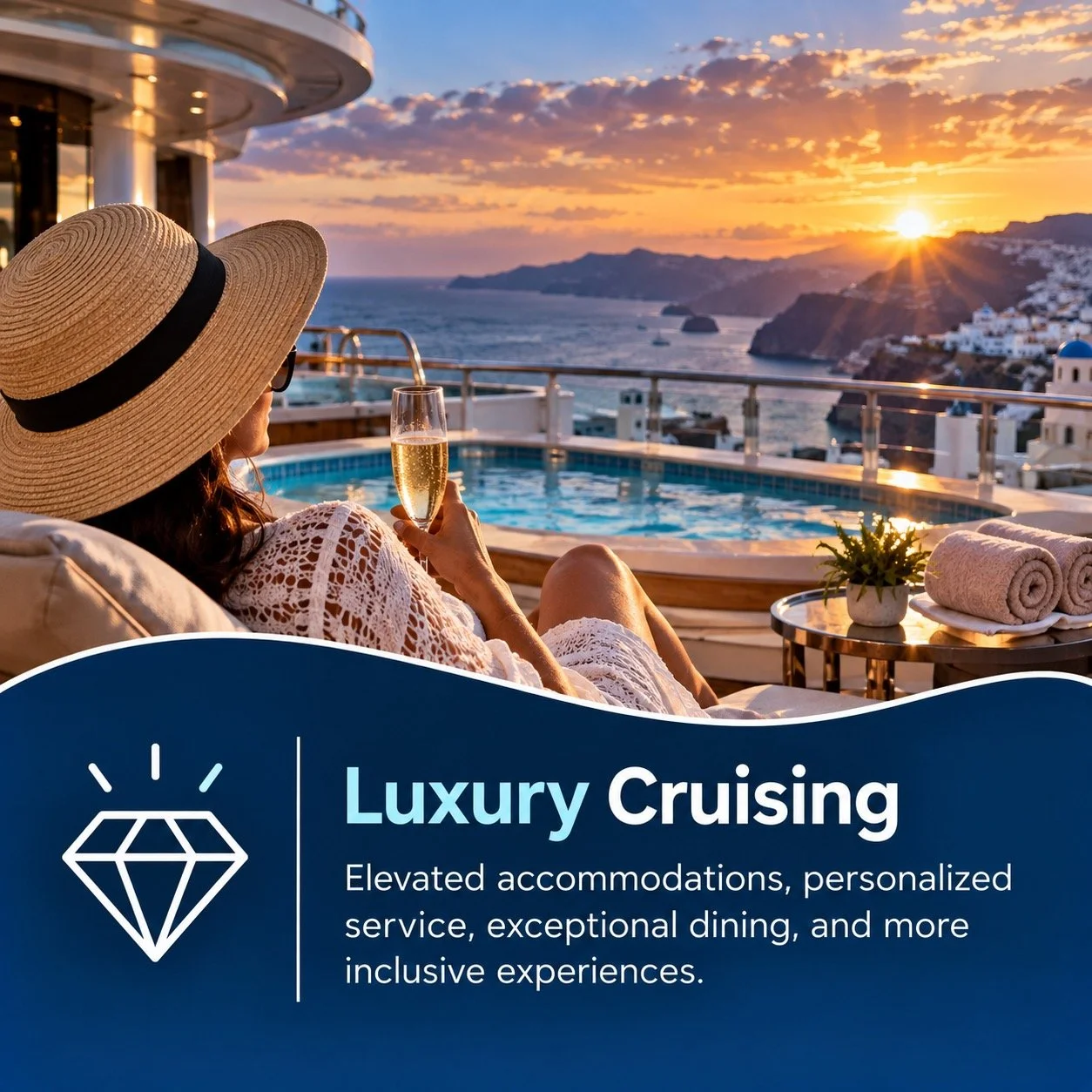 Woman in a straw hat and white dress relaxing by a swimming pool on a balcony, holding a glass of champagne, overlooking a coastal sunset scene with islands and white buildings, with promotional text about luxury cruising.