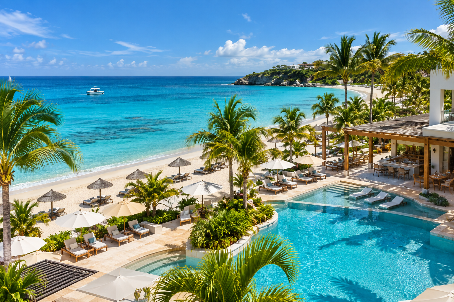 Luxury beach resort with swimming pool, sun loungers, umbrellas, palm trees, and ocean view