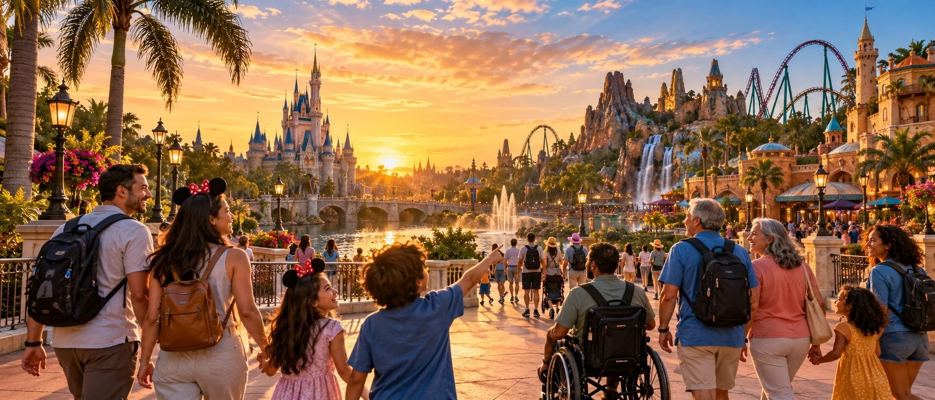 A diverse group of people, including children and seniors, walk through a Disney theme park at sunset. The scene features iconic castles, waterfalls, roller coasters, and lush greenery, with colorful flowers and street lamps lining the pathway.