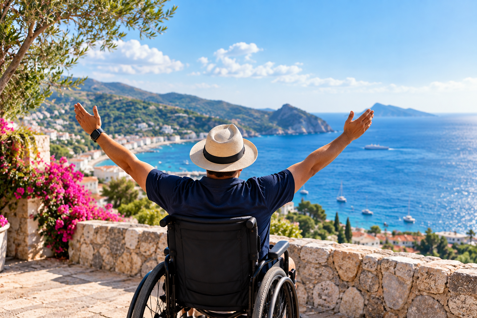 A man in a wheelchair wearing a straw hat and a navy shirt, sitting on a stone wall, with arms outstretched, enjoying a scenic view of a coastal town with blue water, sailboats, and islands under a partly cloudy sky.