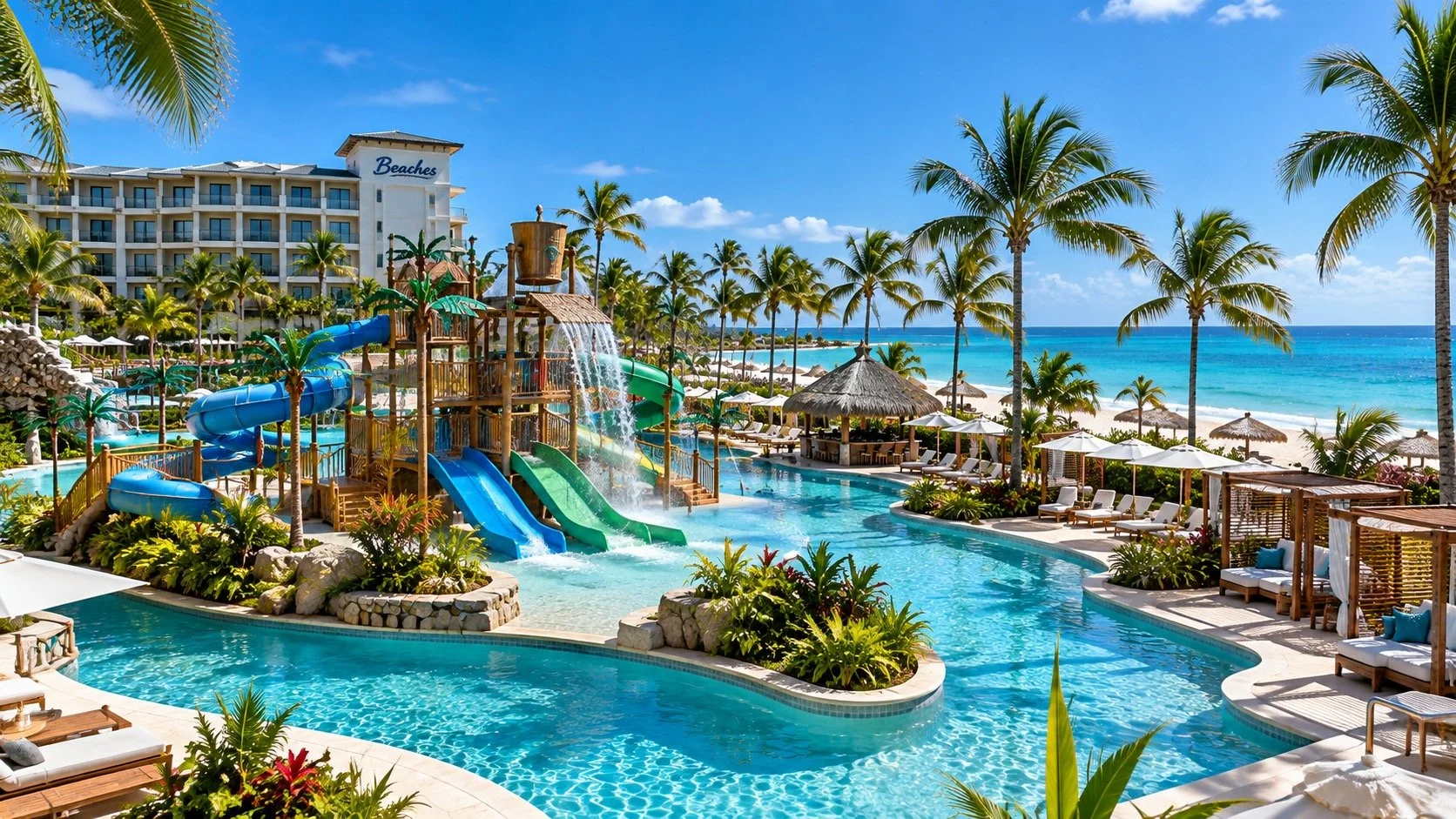 Luxury beachfront resort with a large pool, waterslides, palm trees, beachfront with umbrellas and lounge chairs, and the ocean in the background under a blue sky.