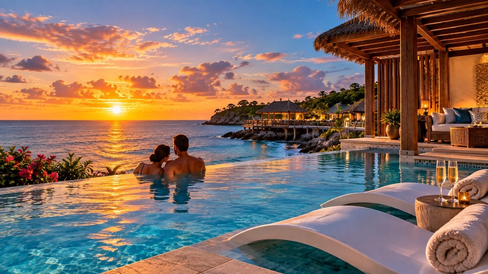Couple relaxing in an infinity pool overlooking the ocean at sunset, with a wooden cabana, lounge chairs, and tropical plants nearby.