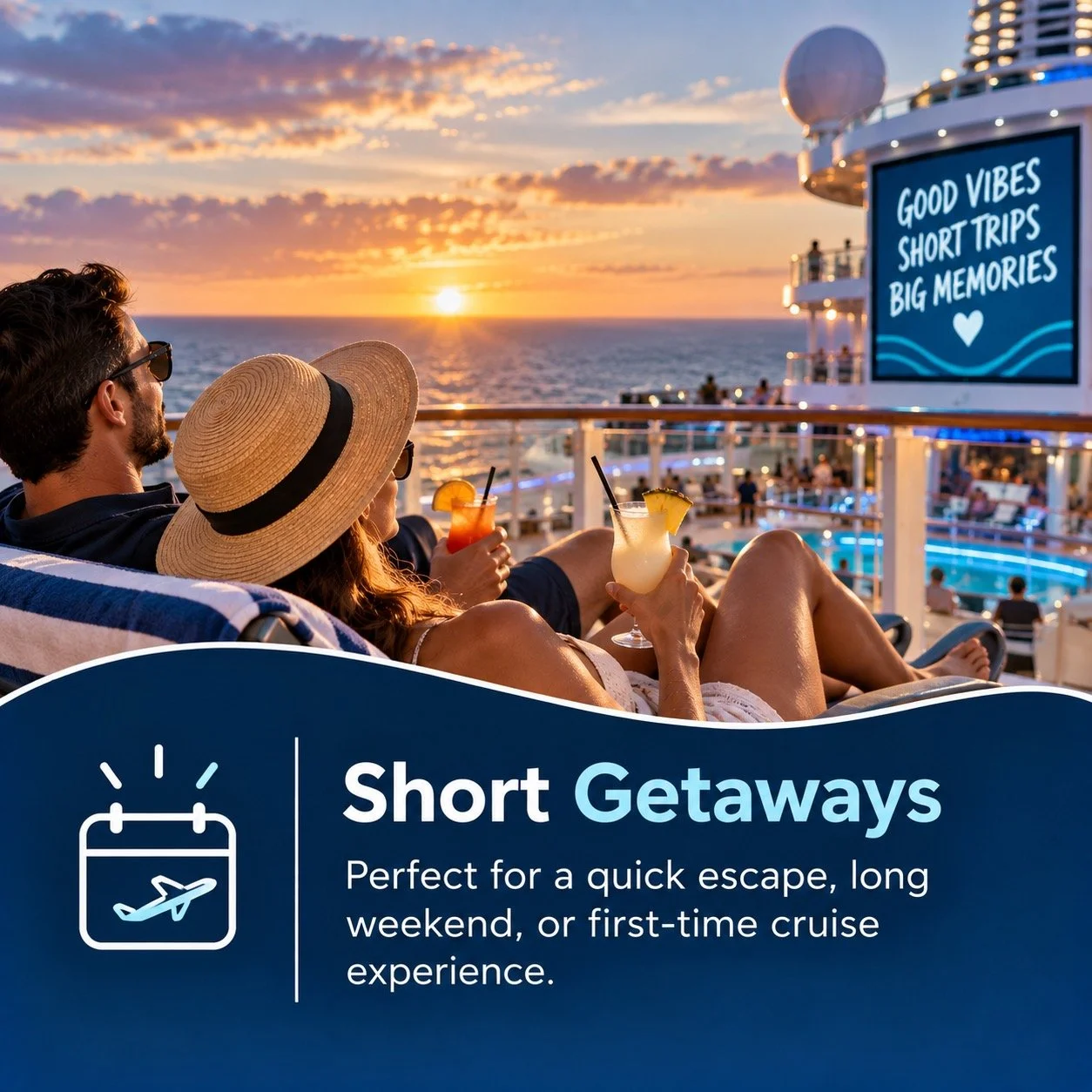 Couple relaxing on a cruise deck at sunset, with drinks in hand and an ocean view. Sign reads 'Good Vibes, Short Trips, Big Memories'. Promotional banner for short cruise getaways.